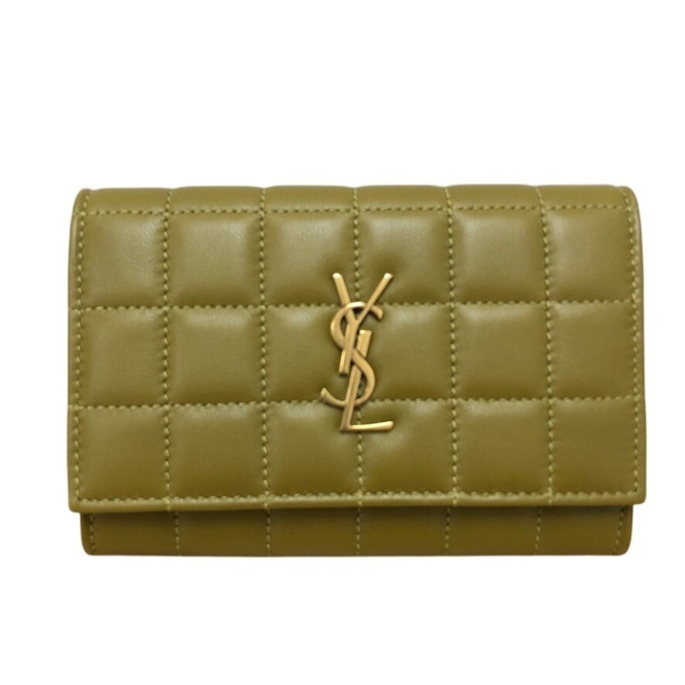 Saint Laurent Wallet Women Small Olive Green Quilted Lambskin Leather YSL Gold